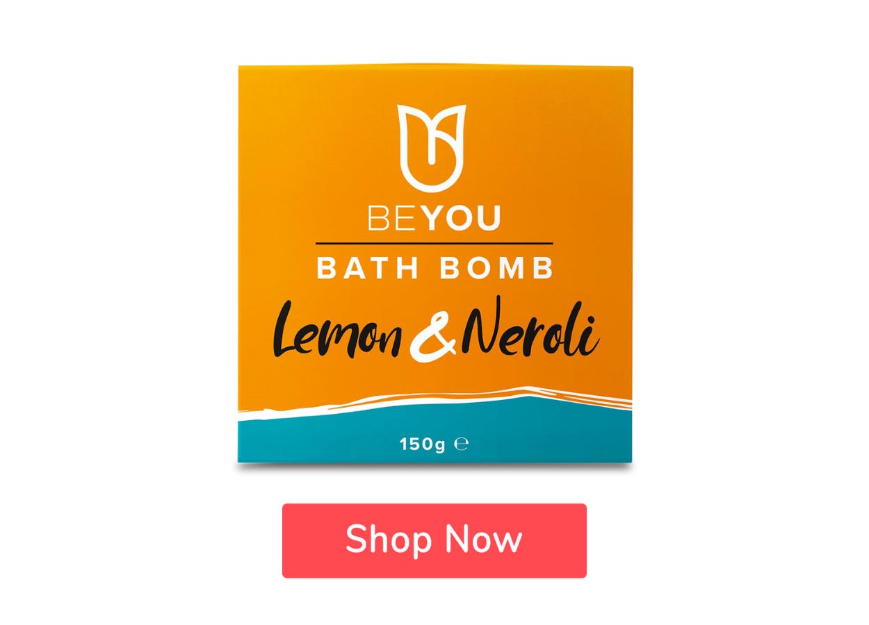 BeYou Lemon & Neroli Bath Bomb with Shop Now button